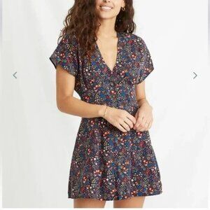 Marine Layer Camila Mini Dress V neck Navy Ditsy Floral Size XL Boho Girly NWT